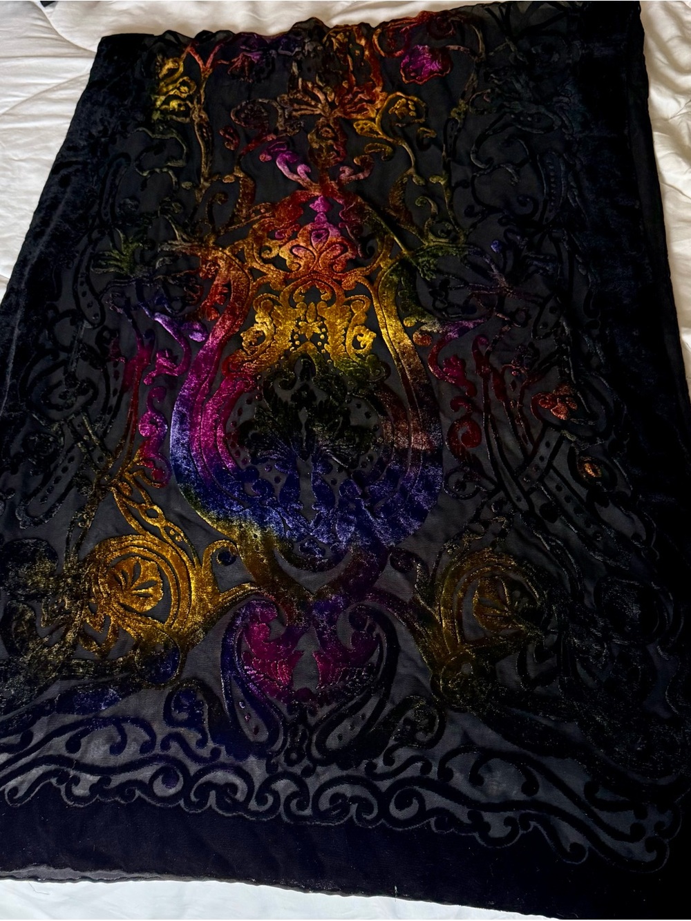 Black Silk Velvet Burnout Scarf with mustard/magenta/violet Baroque Pattern